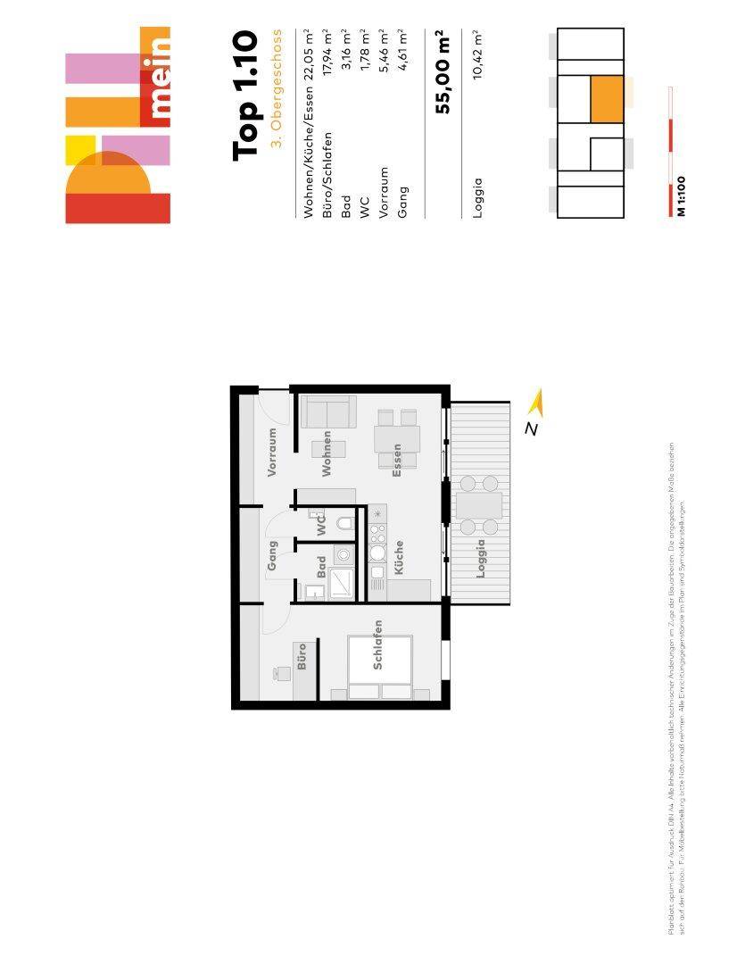 Grundriss der Wohnung Top 1.10 im 3. Obergeschoss mit Loggia und offenem Wohn-, Koch- und Essbereich.