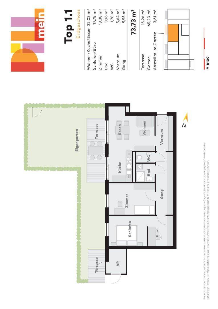 Grundriss einer Erdgeschosswohnung mit offenem Wohnbereich, zwei Schlafzimmern, Bad, WC und eigenem Garten.