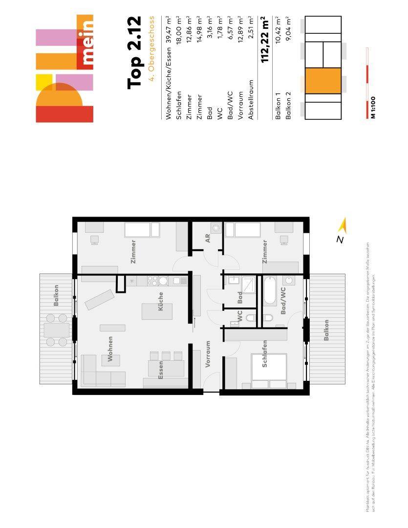Grundriss einer Wohnung im 4. Obergeschoss mit offener Küche, zwei Balkonen und zwei Bädern.