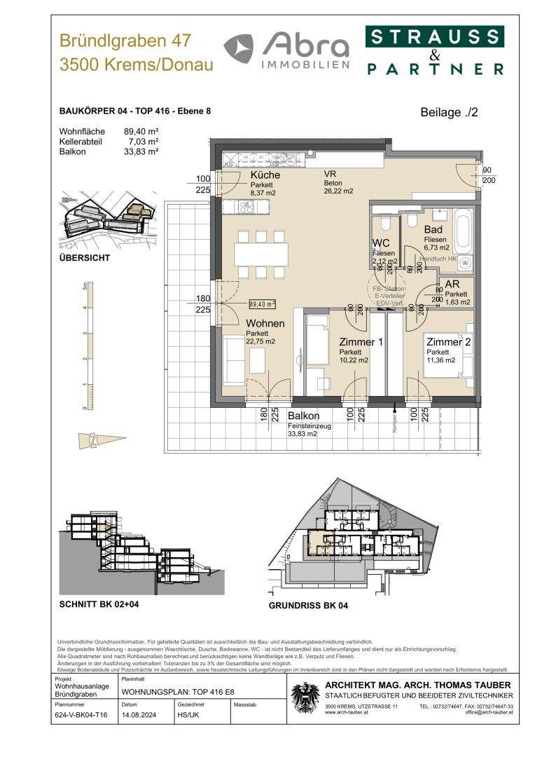 Detaillierter Grundriss einer Wohnung mit drei Zimmern, Balkon und offener Küche.