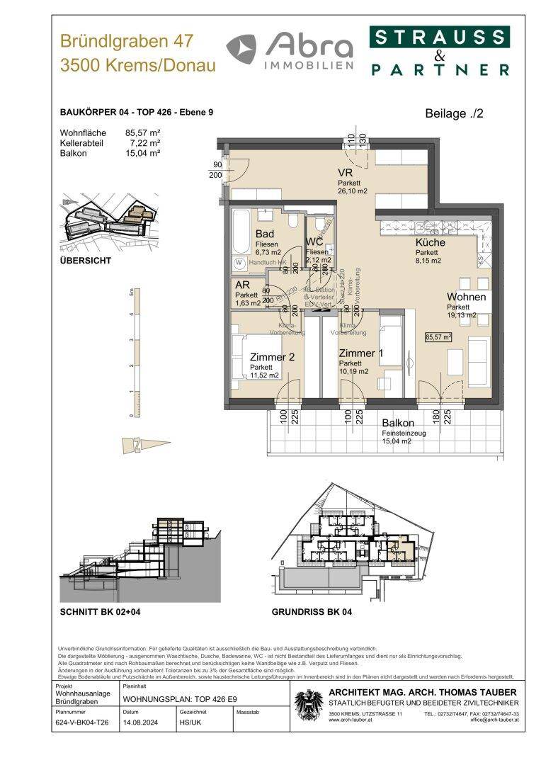 Detaillierter Grundriss einer Wohnung mit 85,57 m² Wohnfläche und einem 15,04 m² großen Balkon.