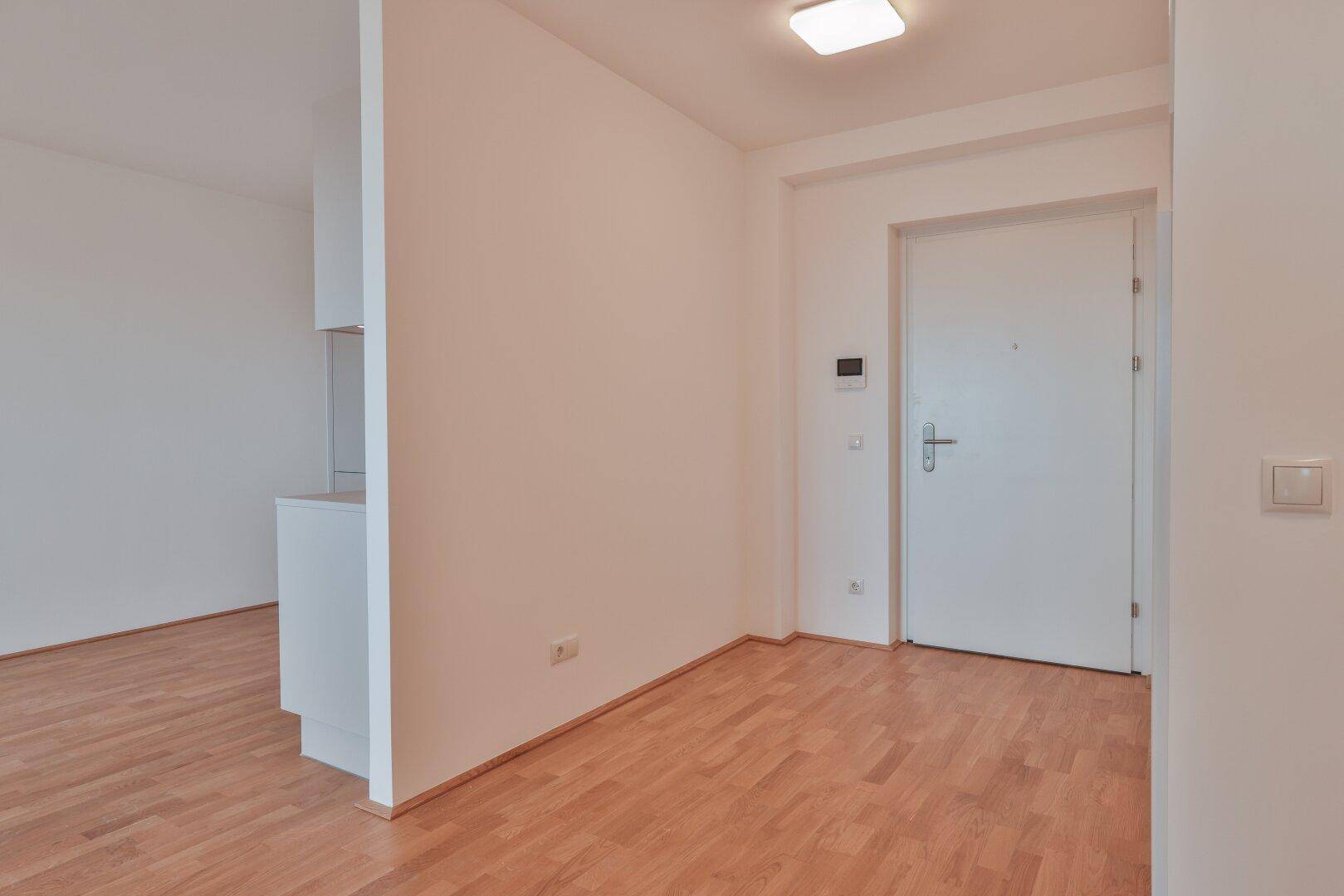 Eingangsbereich mit Parkettboden und weißer Eingangstür, führt in den offenen Wohnbereich.