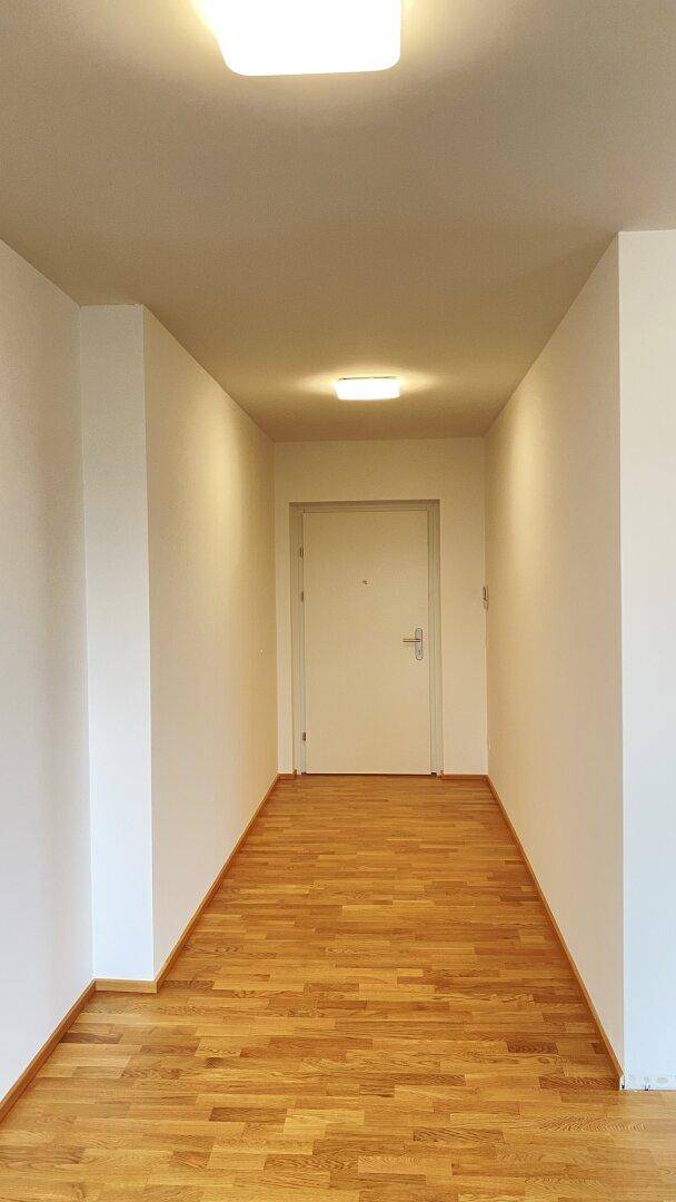 Heller Flur mit Holzparkettboden und einer modernen Eingangstür.