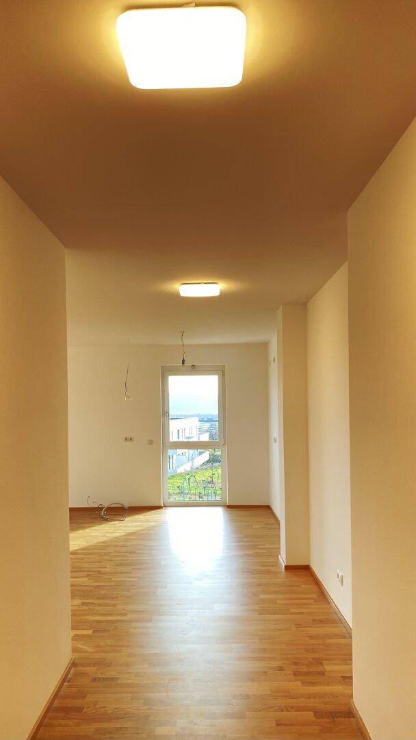 Langer Flur mit Holzparkettboden, der zu einem hellen Raum mit Fenster führt.