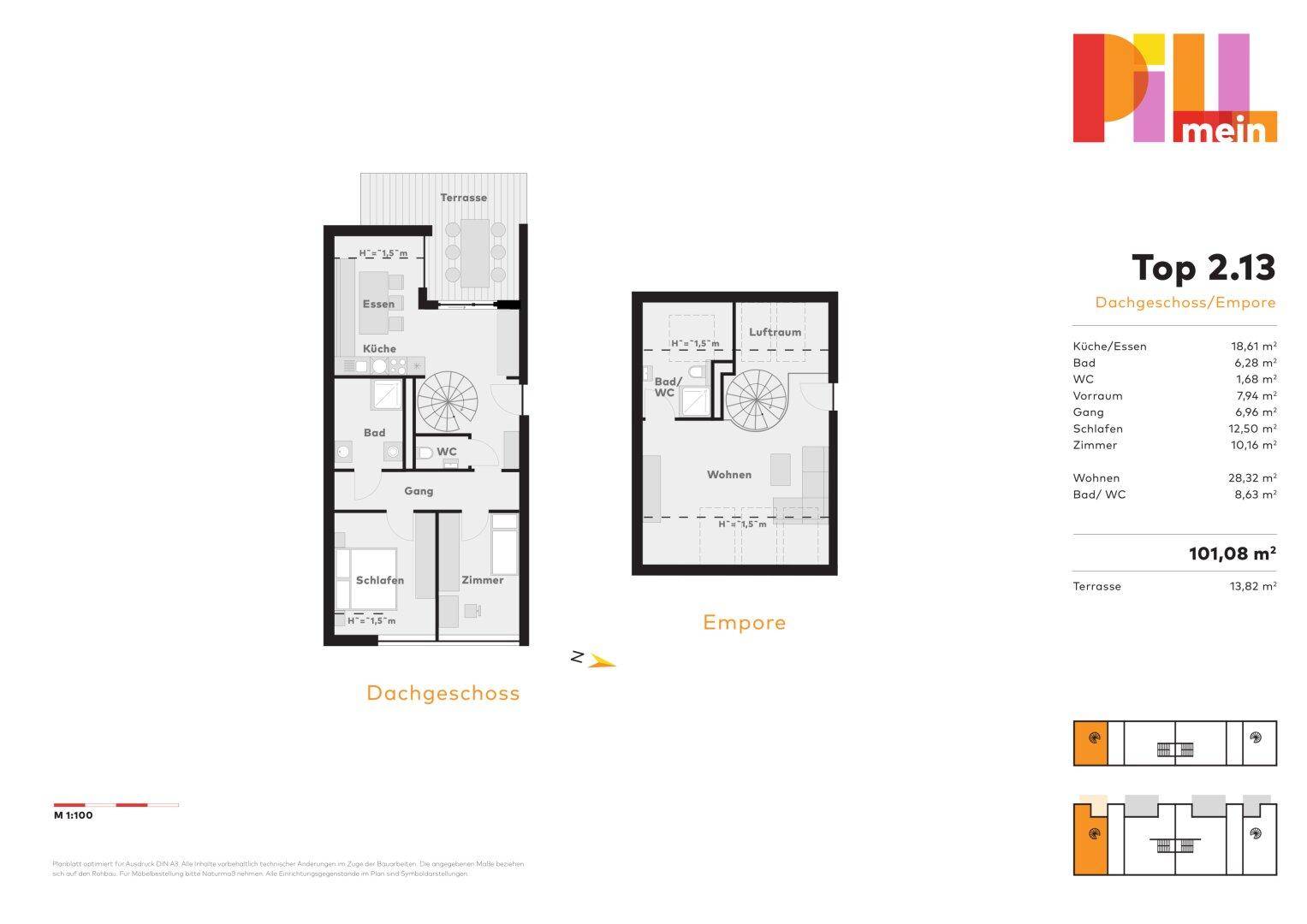 Grundrissplan eines Duplex-Apartments über Dachgeschoss und Empore mit Terrasse und offenem Wohnbereich.