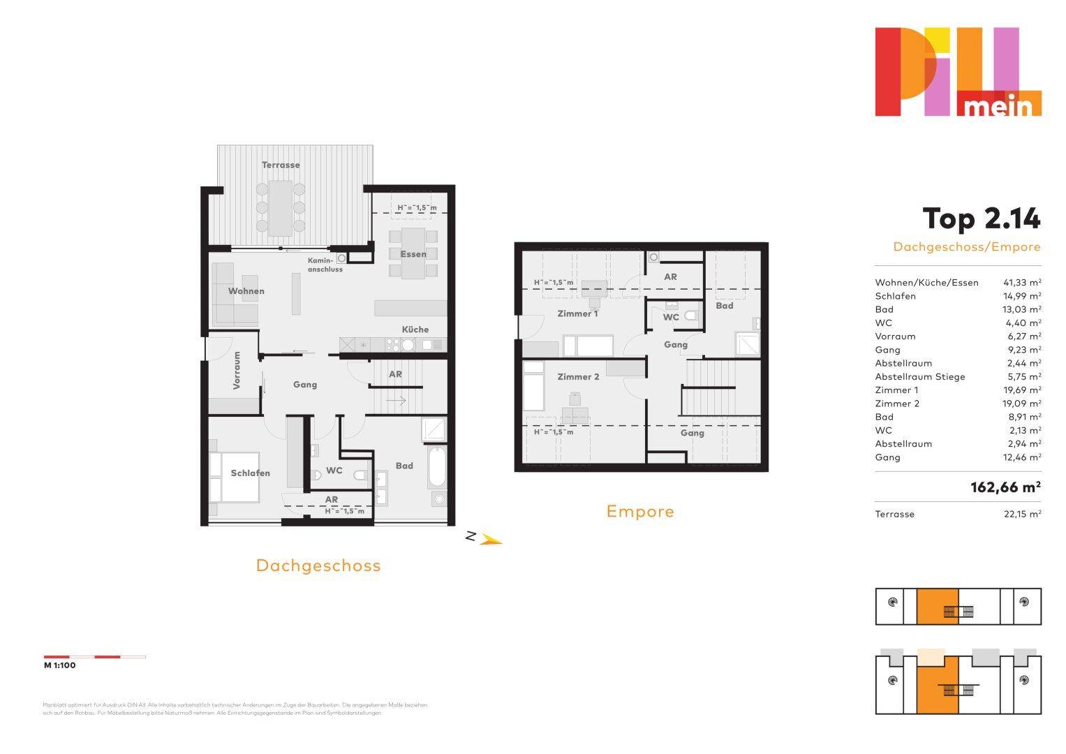 Detaillierter Grundriss einer Maisonette-Wohnung mit Dachgeschoss und Empore, inklusive Raumaufteilung.