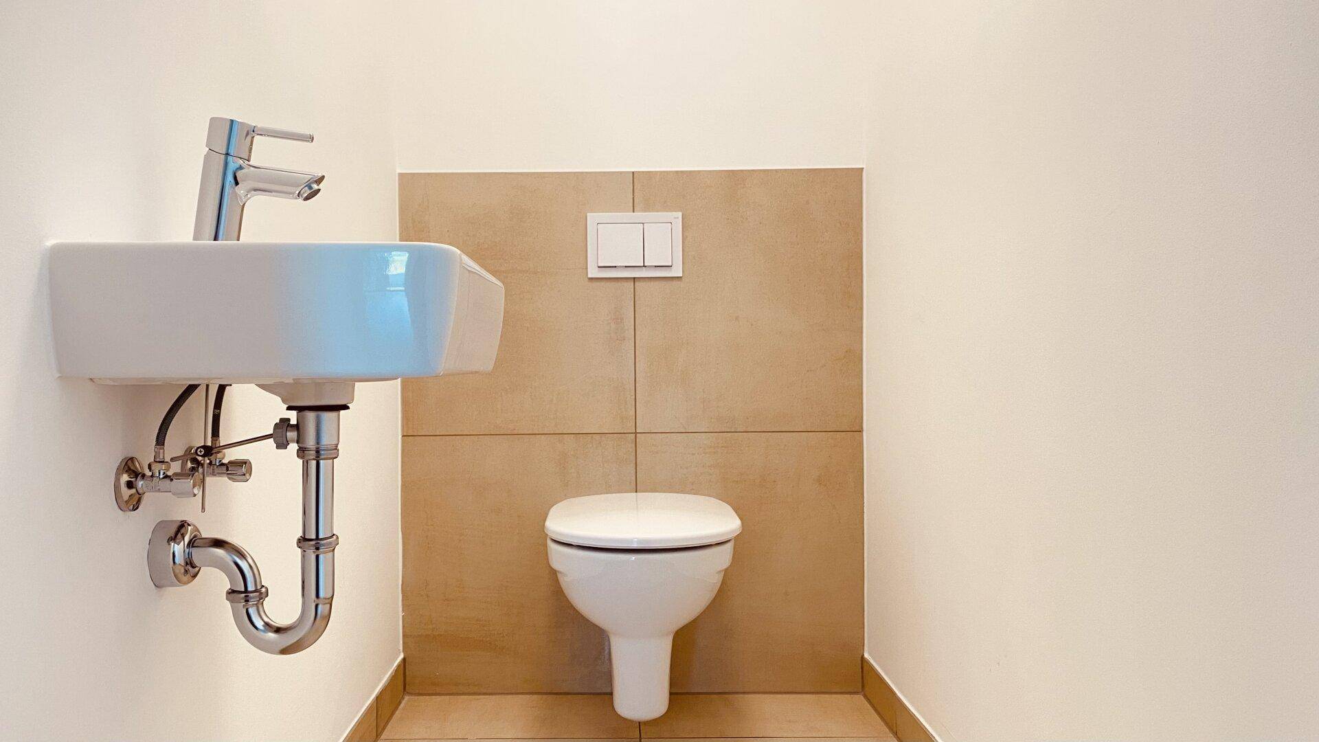 Sauberes Gäste-WC mit modernem Design, Wand-WC und kleinem Waschbecken.