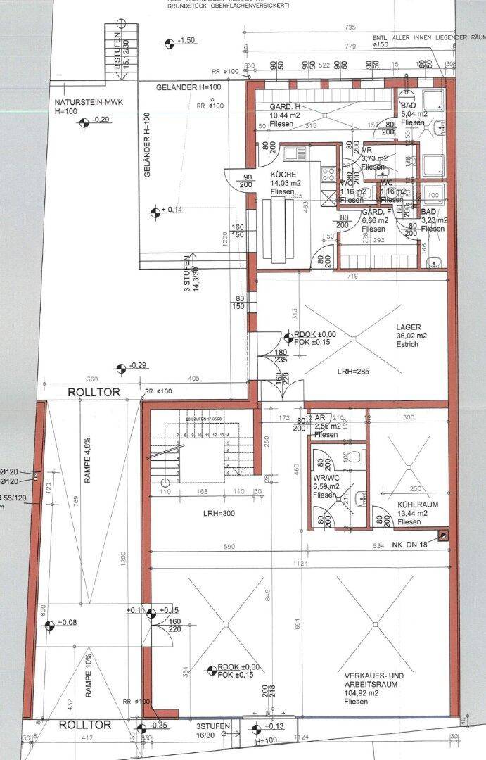 Grundriss des Untergeschosses mit Lagerflächen, Bädern und Verkaufsräumen.