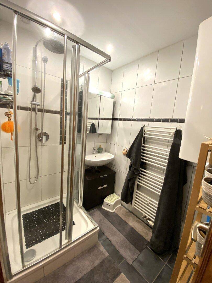 Kleines Badezimmer mit Duschkabine, Waschbecken und beheiztem Handtuchhalter.
