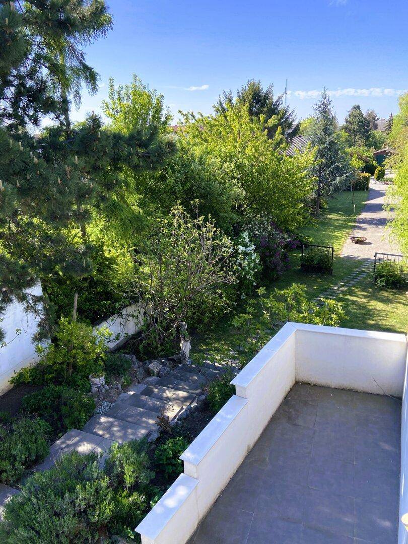 Treppenweg durch einen grünen Garten mit vielfältiger Bepflanzung und Bäumen.