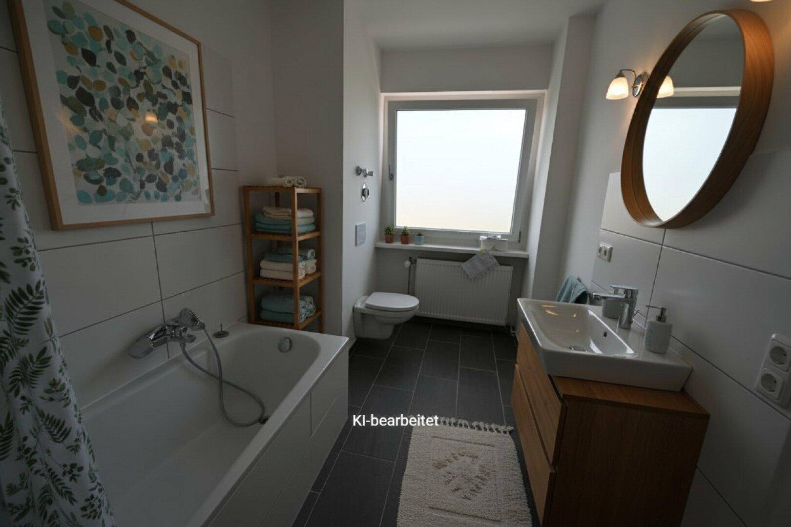 Modernes Badezimmer mit Badewanne, Waschbecken, WC, Fenster und stilvoller Dekoration.