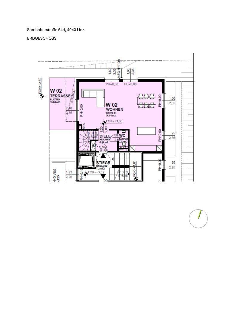Grundriss des Erdgeschosses mit offenem Wohnbereich, Küche, WC und Terrasse.