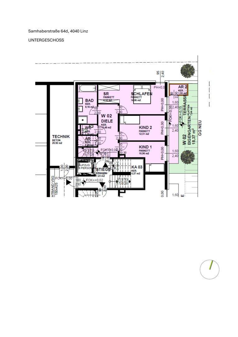 Grundriss des Untergeschosses mit Schlafzimmern, Badezimmer und Zugang zu einer Gartenterrasse.