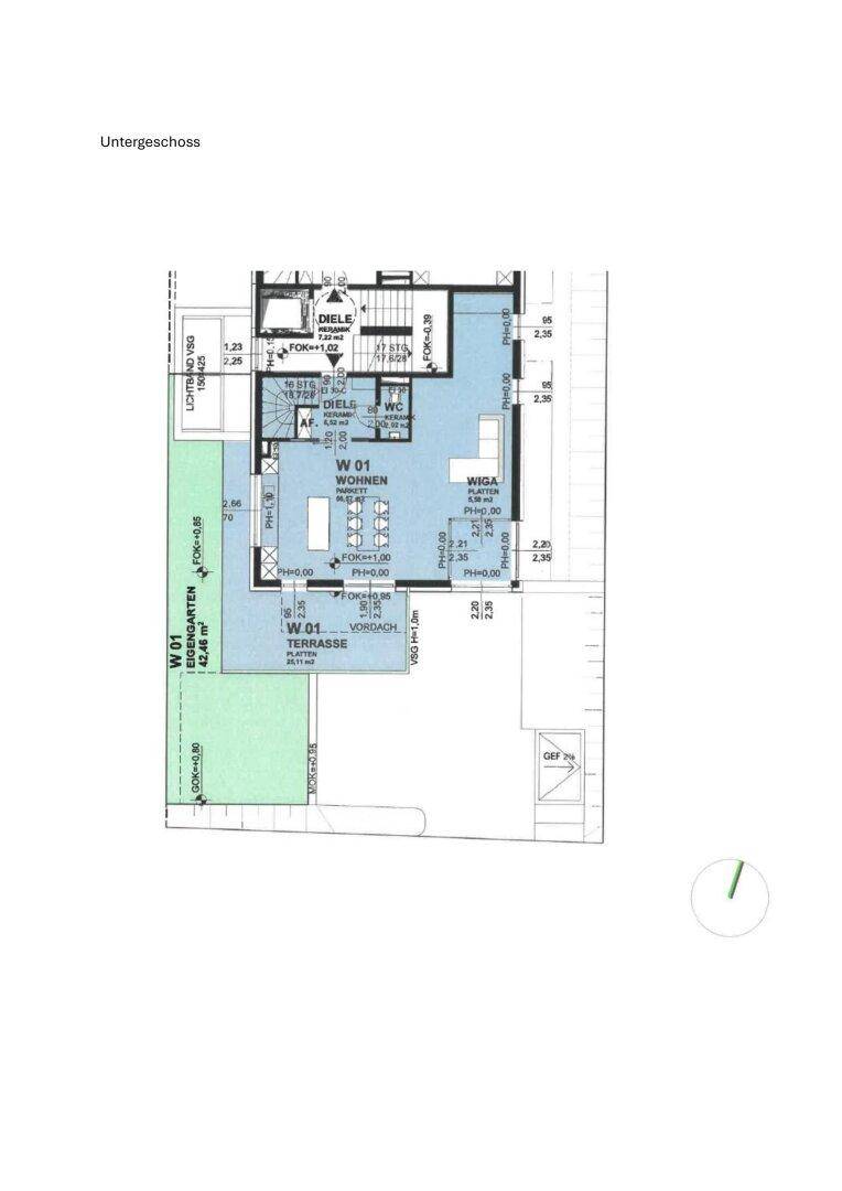 Grundriss des Untergeschosses mit Wohnbereich, Terrasse und großem Garten.