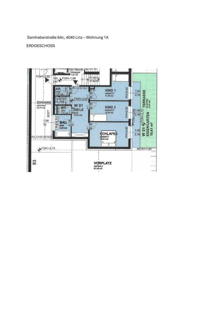 Grundriss des Erdgeschosses mit Schlafzimmern, Bad, WC, Terrasse und Gartenbereich.
