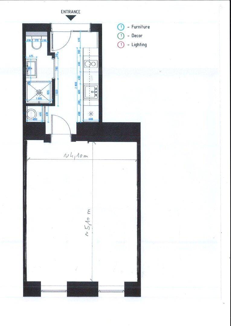 Grundriss einer Wohnung mit Bad, Küchenzeile und einem großen Wohnbereich.