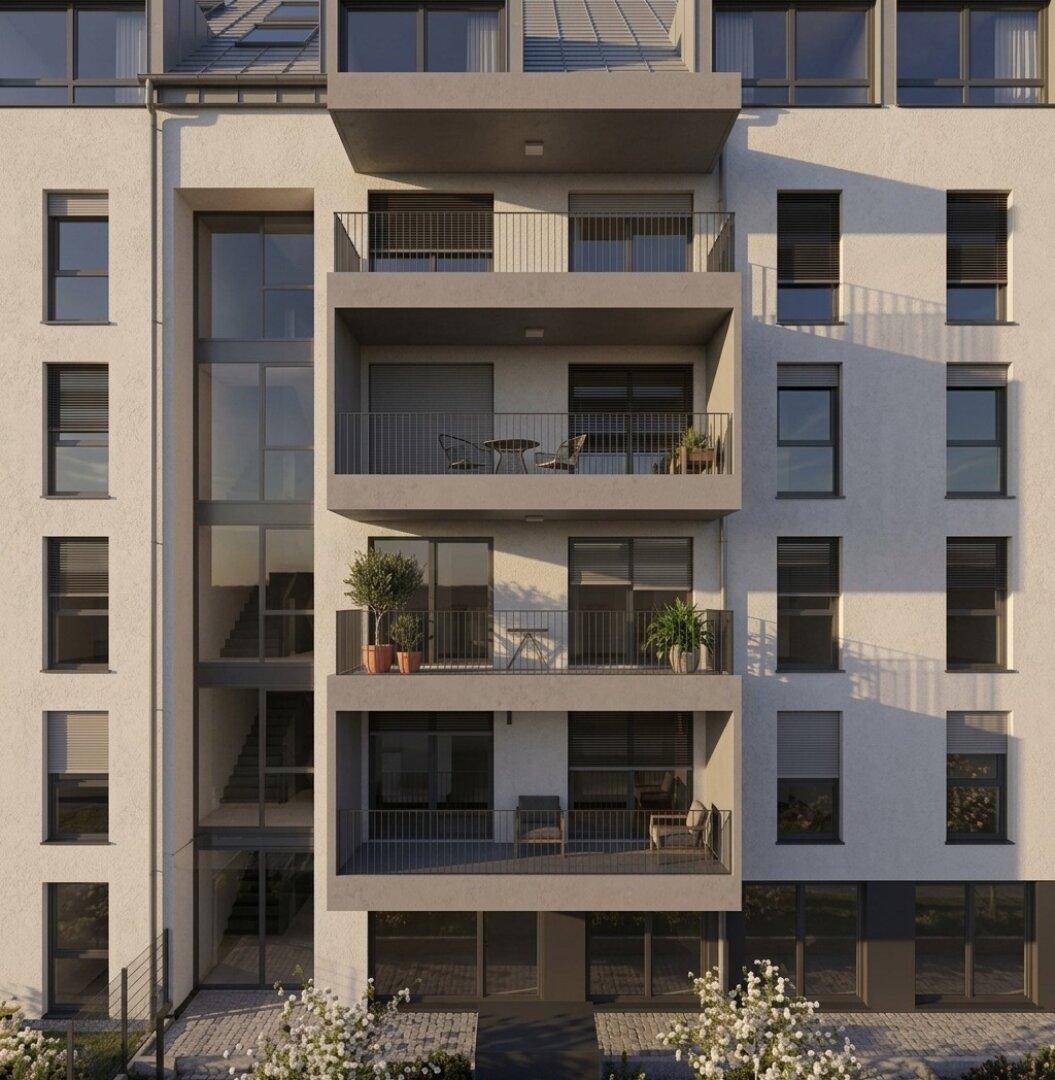 Visualisierung einer modernen Gebäudefassade mit mehreren Balkonen und großen Glasflächen.