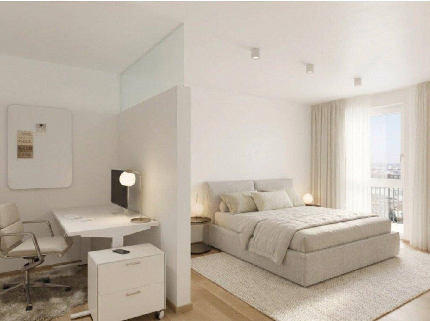 Helles Schlafzimmer mit modernem Design, integriertem Arbeitsbereich und großen Fenstern für viel Tageslicht.