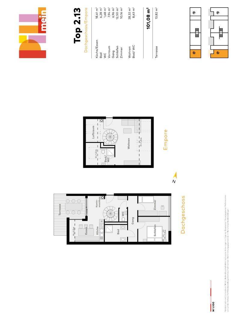 Detaillierter Grundriss einer Maisonette-Wohnung mit Dachgeschoss und Empore, inklusive Raumaufteilung.