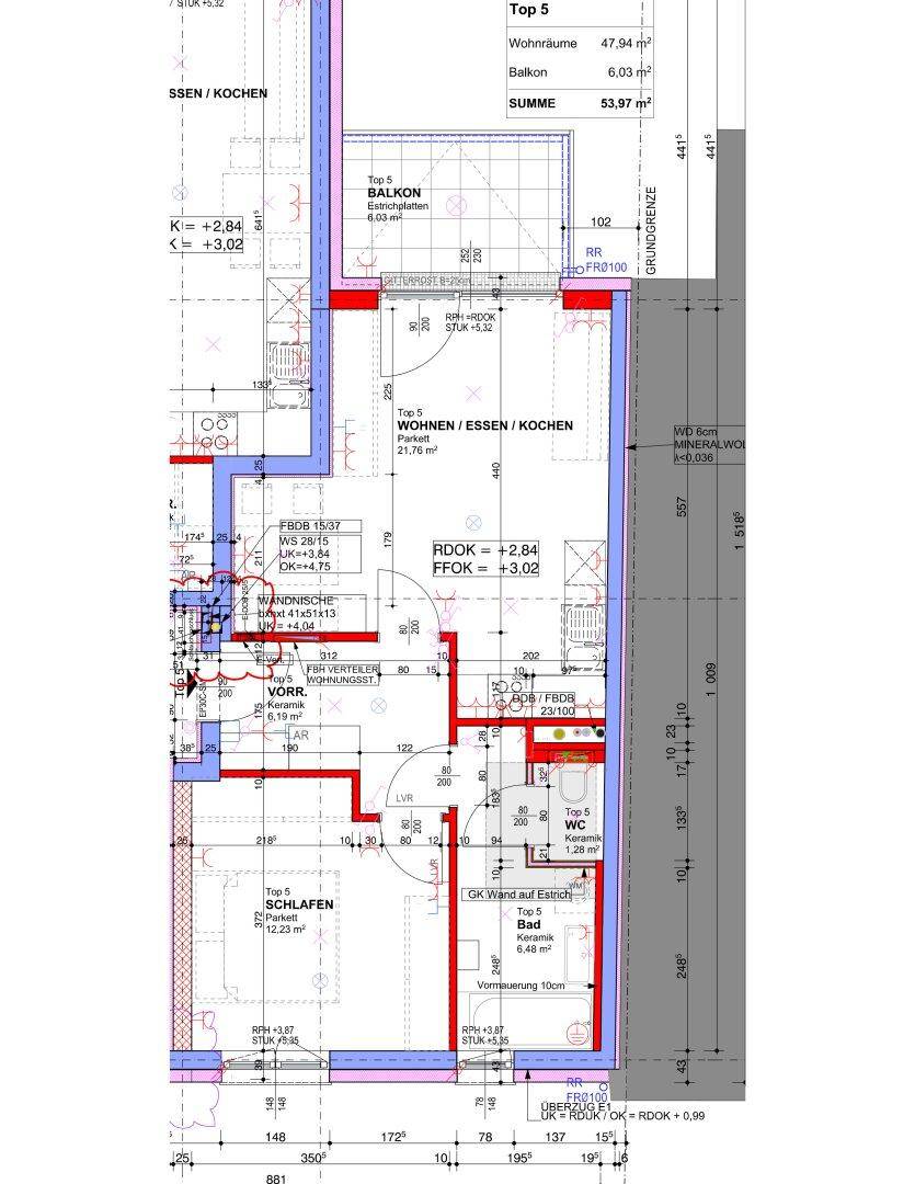 Detaillierter Grundriss der Wohnung mit offenem Wohnbereich, Schlafzimmer und Balkon.