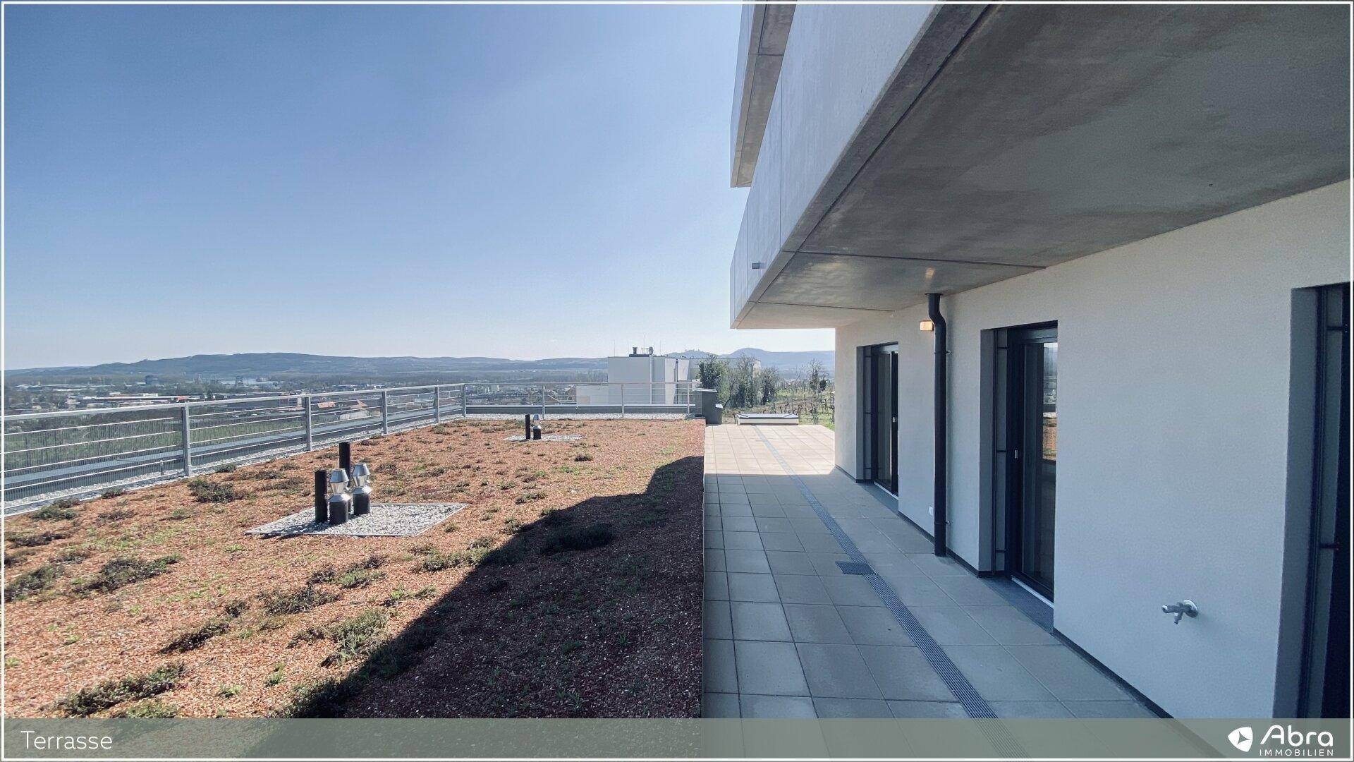 Große Dachterrasse mit weitem Ausblick und direktem Zugang vom Gebäude.