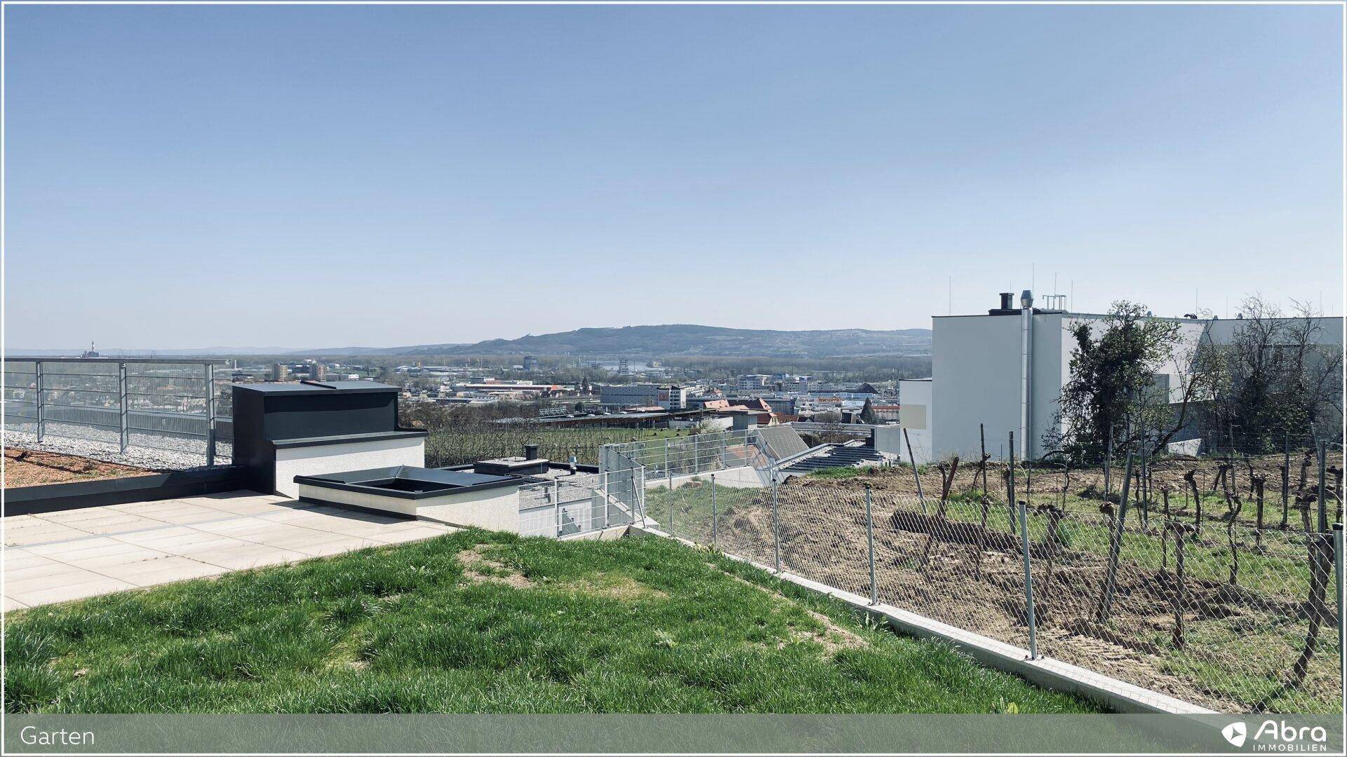 Garten mit Rasenfläche und Weinberg, Blick auf moderne Gebäude und die Stadt in der Ferne.