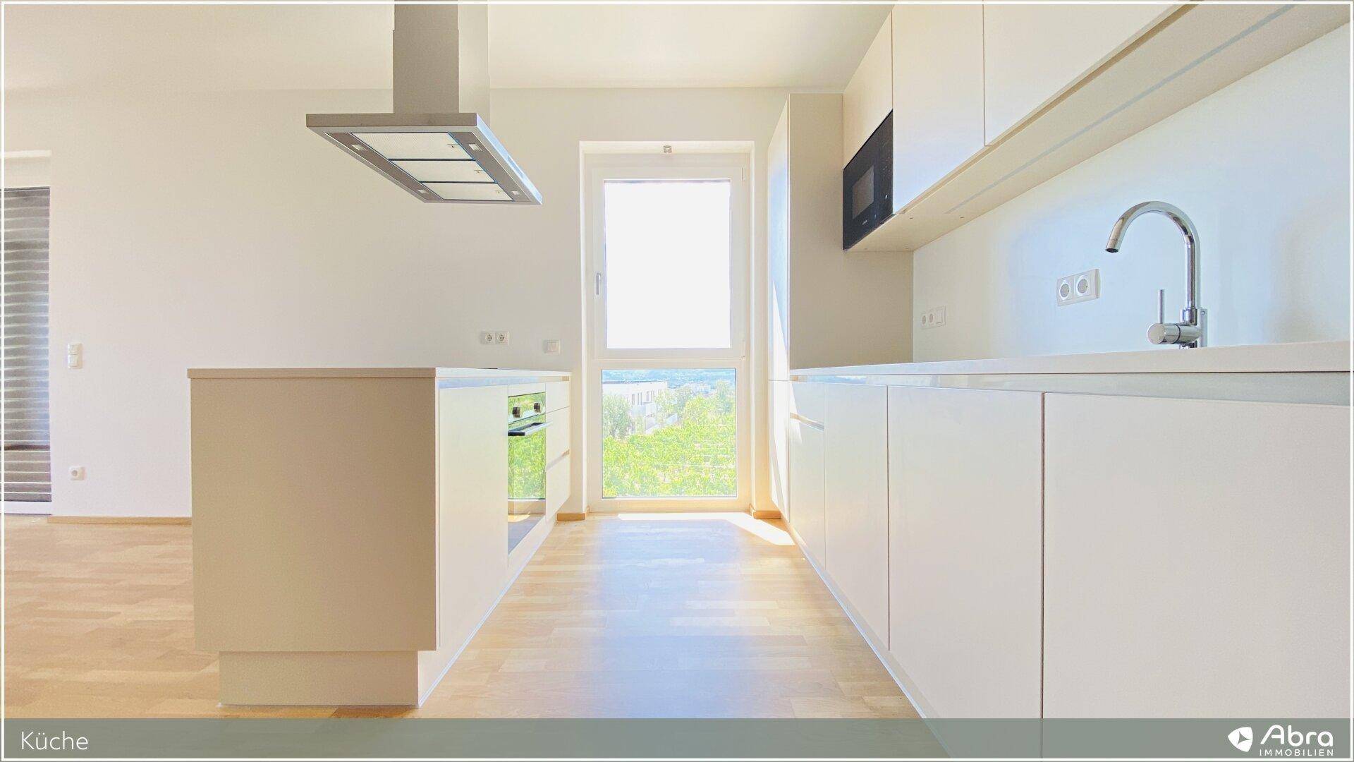 Moderne Küche mit Kochinsel, integriertem Backofen und hellem Fensterbereich.