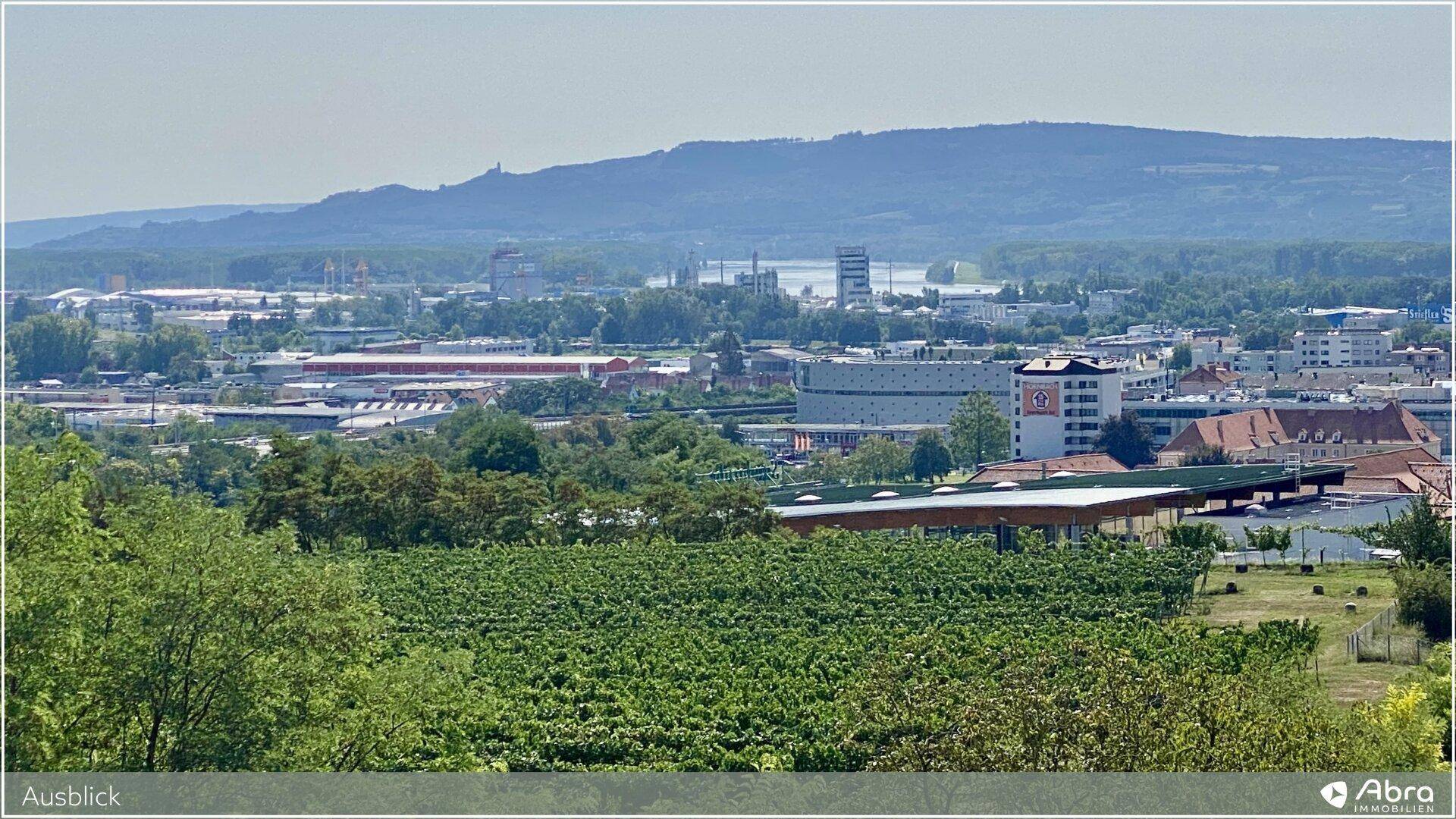 Weitläufiger Ausblick über Weinberge, eine ferne Stadt und industrielle Anlagen am Horizont.