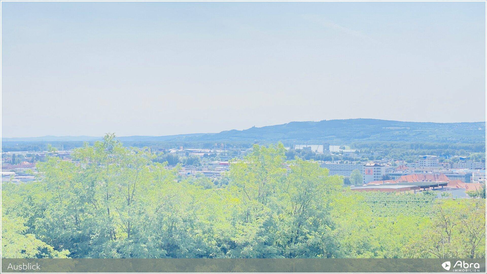 Panoramablick über eine grüne Landschaft mit einer Stadt in der Ferne unter hellem Himmel.