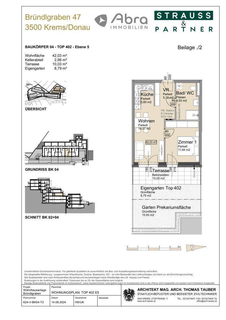 Grundriss der Wohnung TOP 402 mit Küche, Wohnzimmer, Schlafzimmer, Bad und Terrasse.