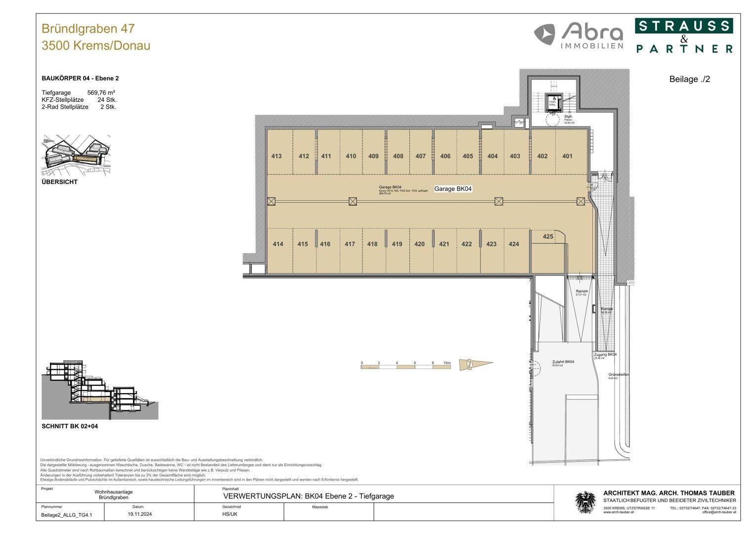 Grundriss der Tiefgarage auf Ebene 2 mit zahlreichen Stellplätzen für Fahrzeuge.