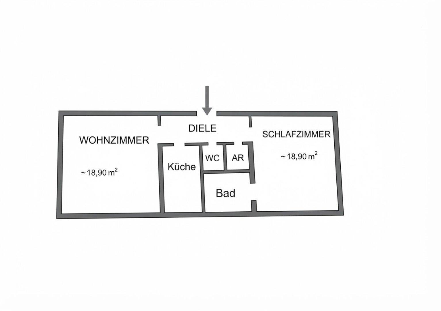 Grundrissplan der Wohnung mit Wohnzimmer, Küche, Bad, WC und Schlafzimmer, inklusive Flächenangaben.