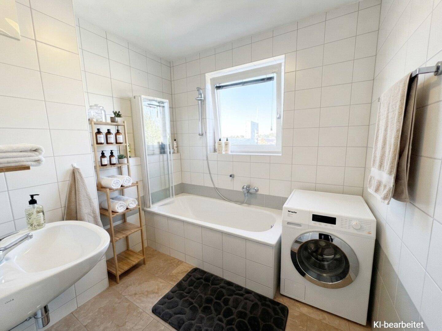 Modernes Badezimmer mit Badewanne, Waschmaschine und Fenster für gute Belüftung.