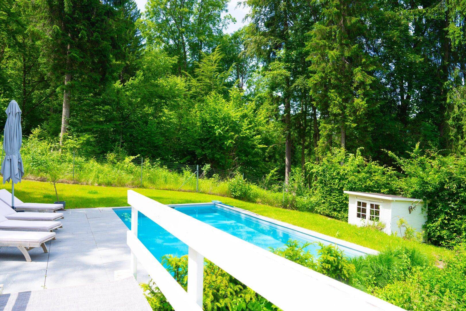 Langer Swimmingpool im Garten, umgeben von Rasenflächen und hohen Bäumen.