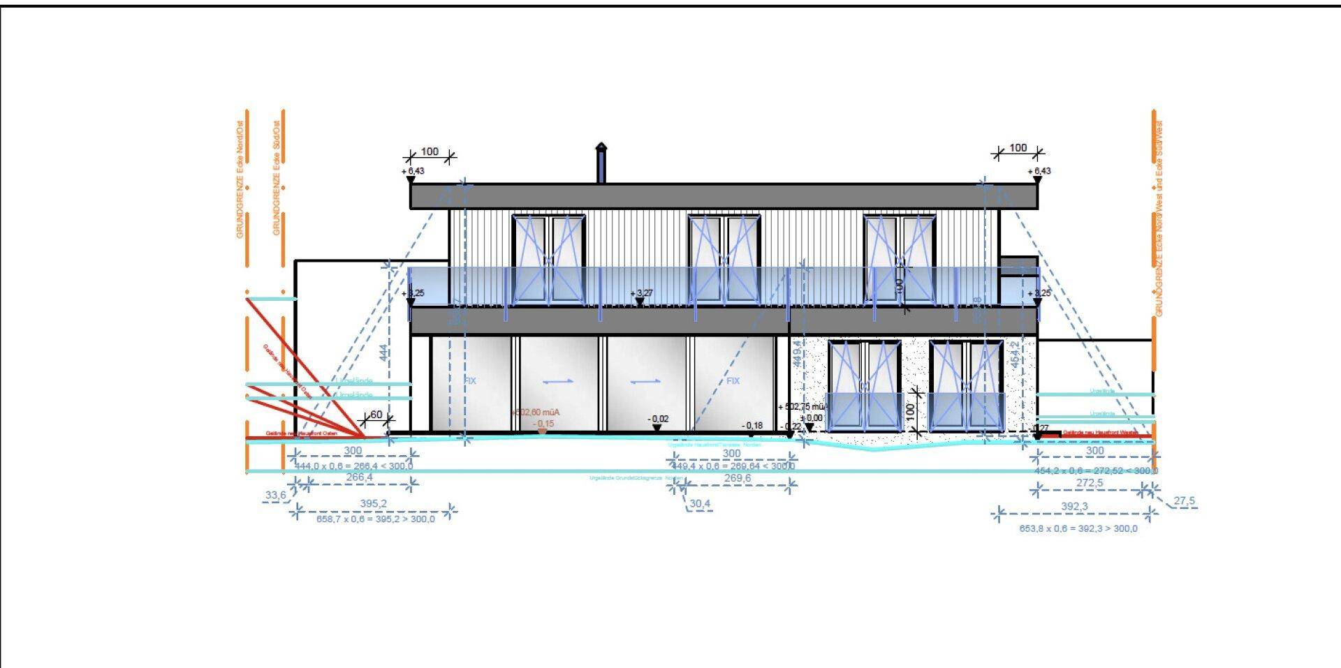 Architektonische Zeichnung der Gebäudefassade mit Balkonen und großen Fenstern.
