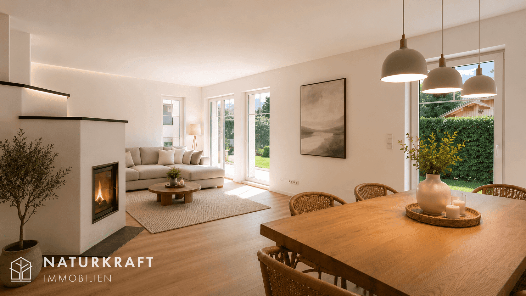Heller Wohn-Essbereich mit modernem Kamin, gemütlichem Sofa und Zugang zum Garten.