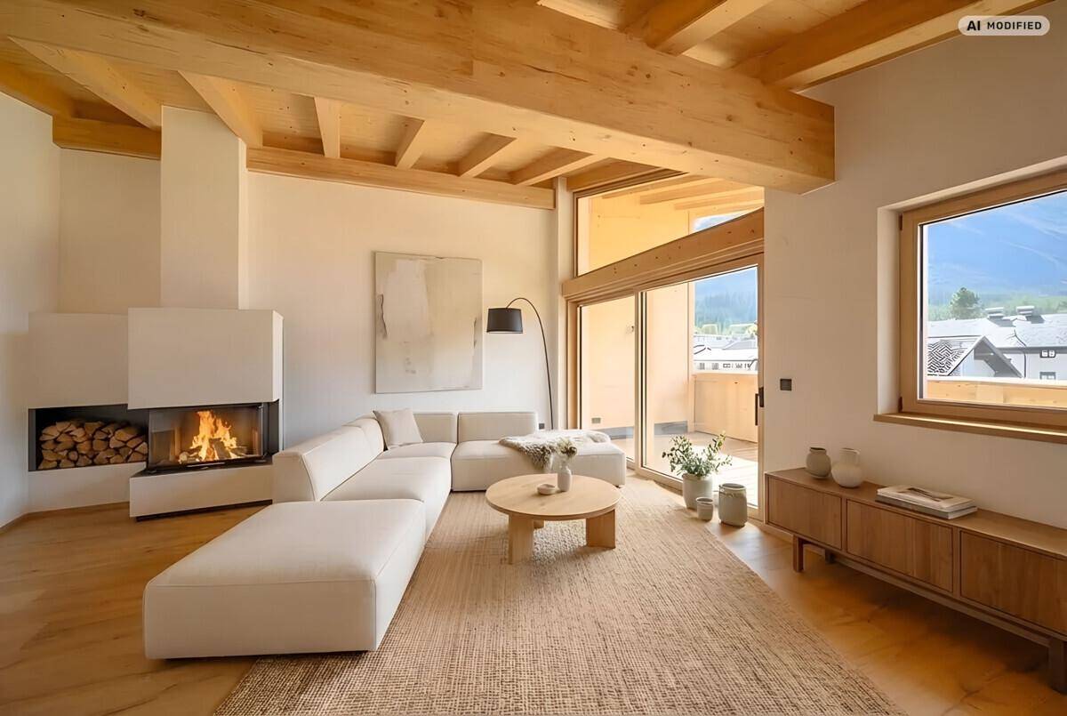 Gemütliches Wohnzimmer mit Holzbalkendecke, Kamin und stilvoller Einrichtung, ideal zum Entspannen.