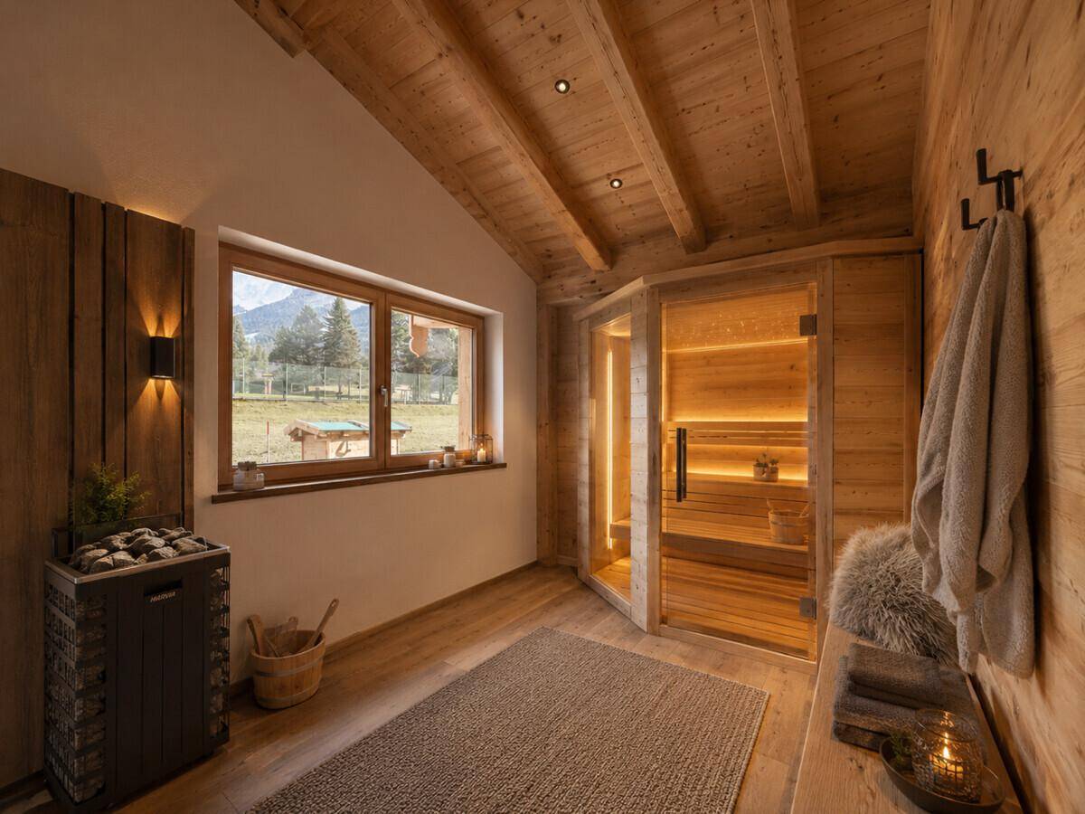 Private Sauna mit Holzausstattung und großem Fenster, das einen entspannenden Blick in die Natur bietet.