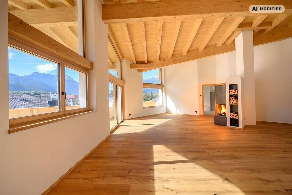 Heller, offener Wohnbereich mit Holzboden, Holzbalkendecke und modernem Kamin mit Bergblick.