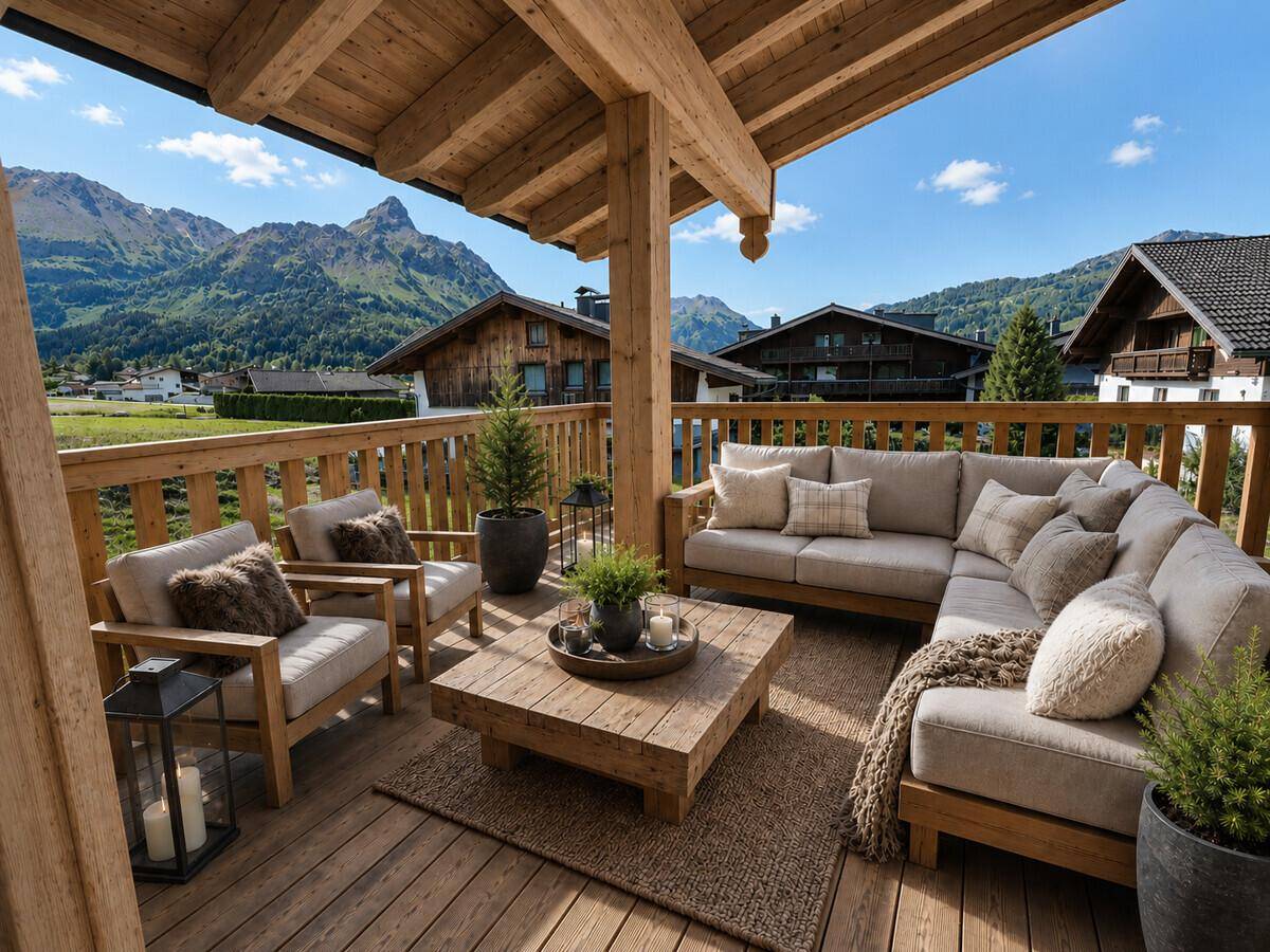 Geräumiger Holzbalkon mit bequemen Outdoor-Möbeln und einem weiten, sonnigen Blick auf die umliegende Bergwelt.