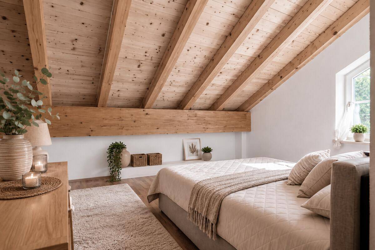 Helles Schlafzimmer im Dachgeschoss mit sichtbaren Holzbalken und schrägen Decken.
