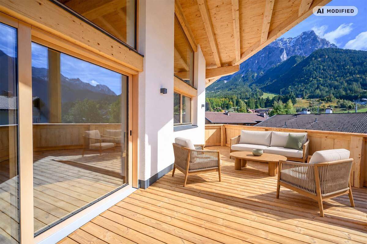 Große möblierte Holzterrasse mit Bergblick, ideal für entspannte Stunden im Freien.