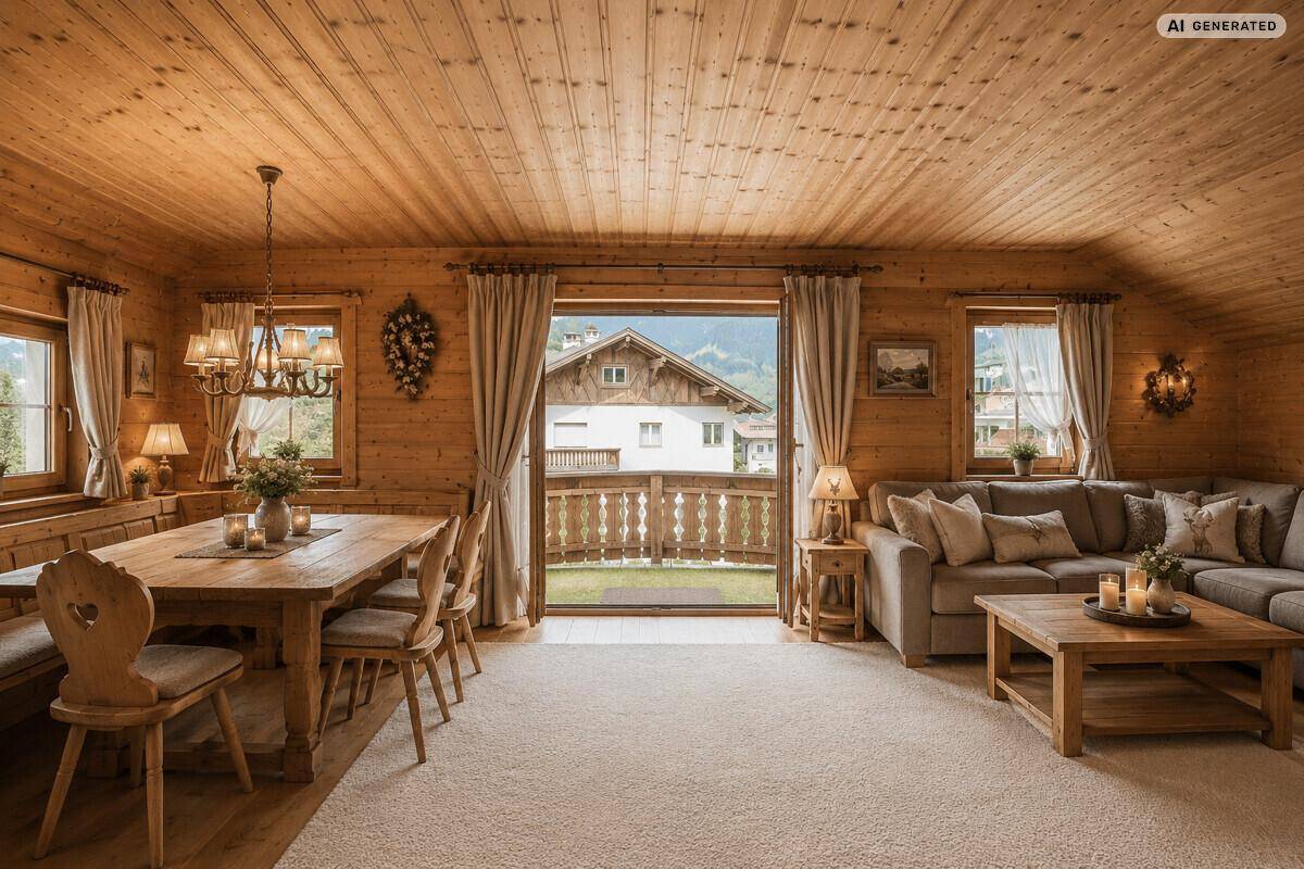 Gemütlicher Wohn-Essbereich im alpinen Stil mit Holztäfelung, traditionellen Möbeln und Balkonzugang.