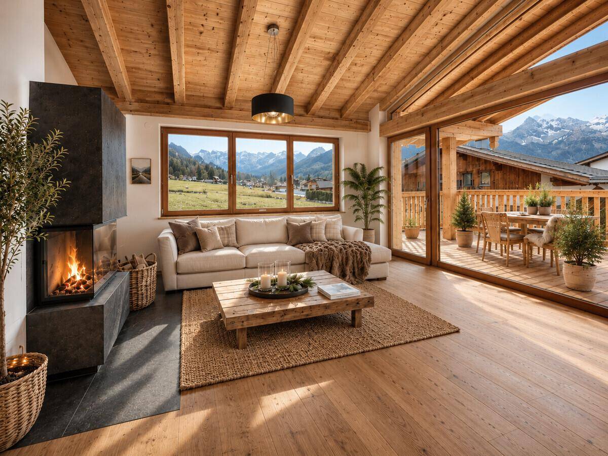 Gemütliches Wohnzimmer mit modernem Kamin, Holzbalkendecke und Zugang zu einem Balkon mit Bergblick.