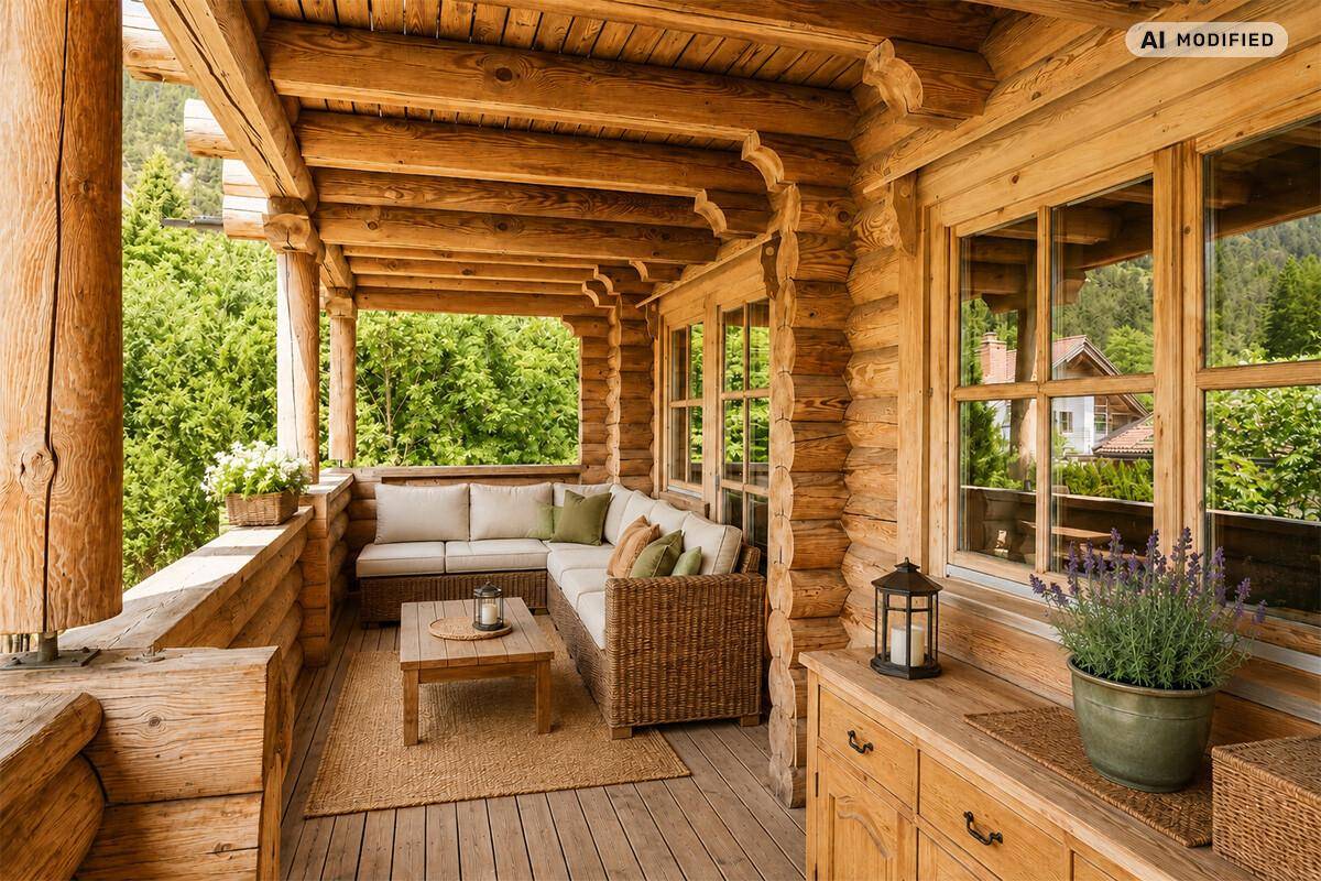 Geräumiger Holzbalkon mit bequemen Outdoor-Möbeln und Blick auf die umliegende grüne Landschaft.
