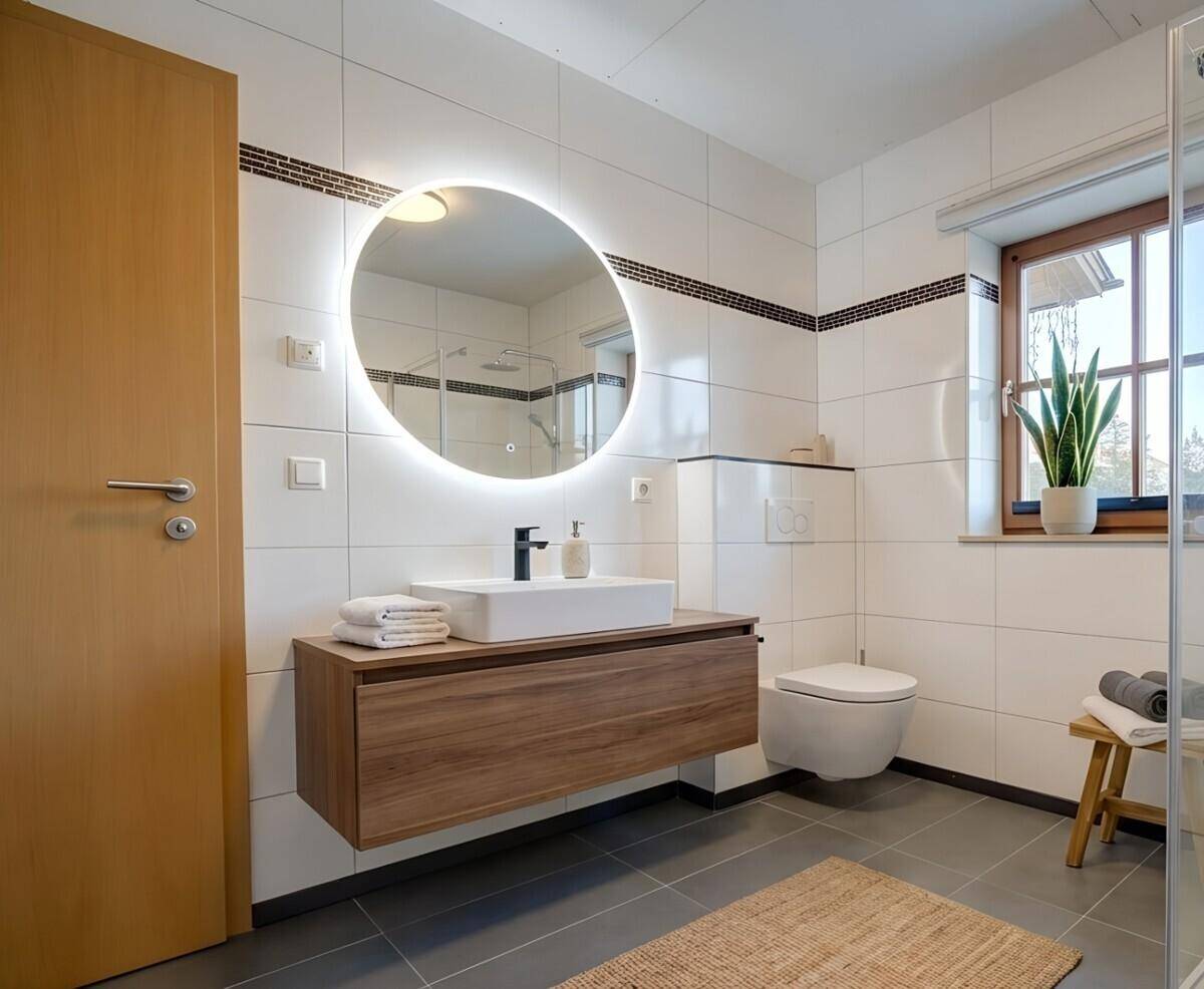 Modernes Badezimmer mit schwebendem Waschtisch, beleuchtetem Spiegel und Fenster.
