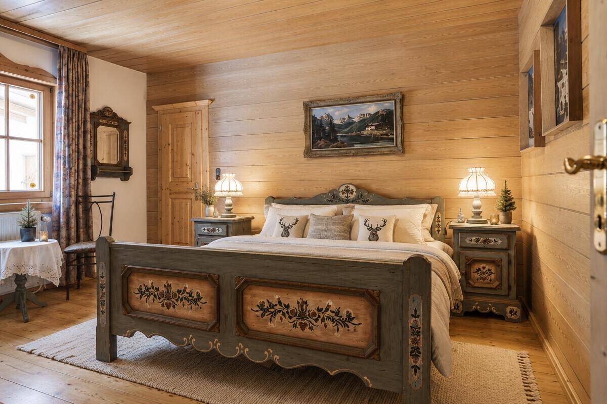 Rustikales Schlafzimmer mit Holzwänden, handbemaltem Bett und traditioneller alpiner Dekoration.