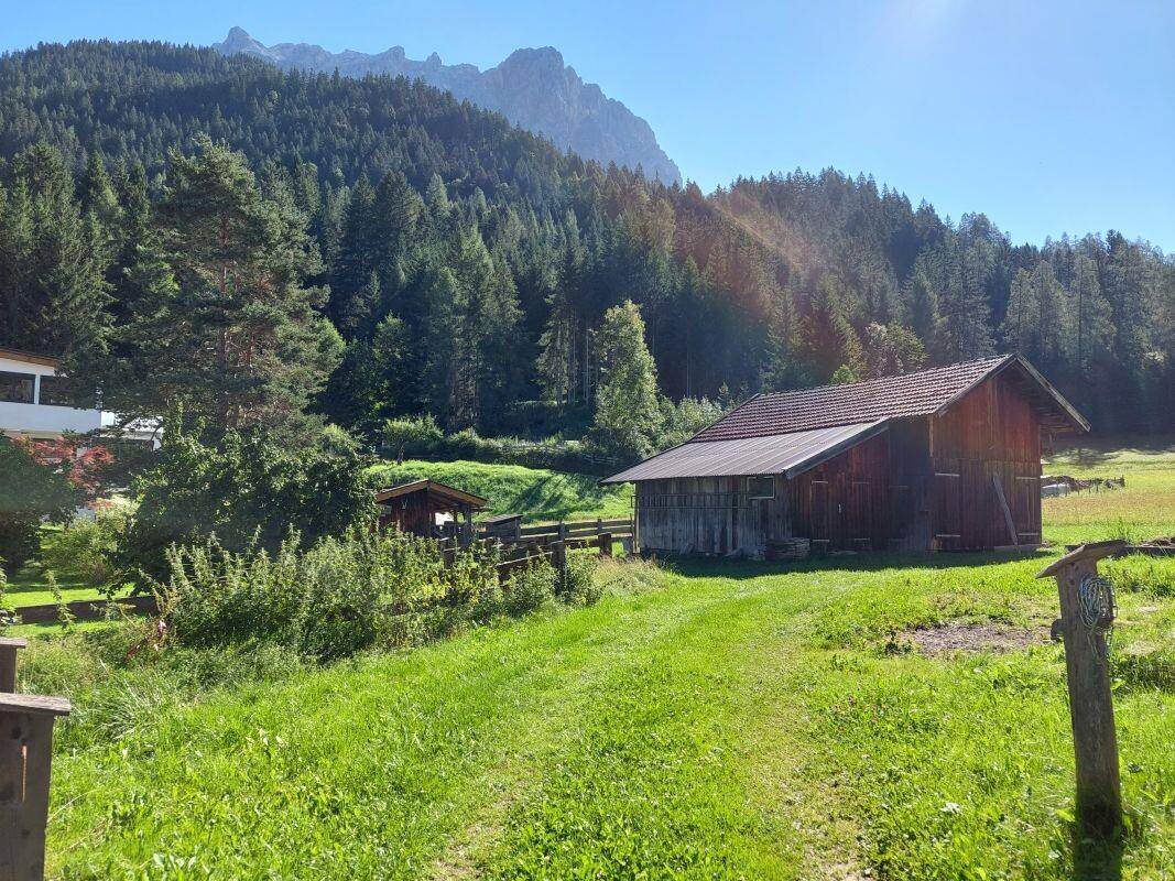 Rustikales Holzgebäude auf einer grünen Wiese, umgeben von Wald und Bergen im Hintergrund.