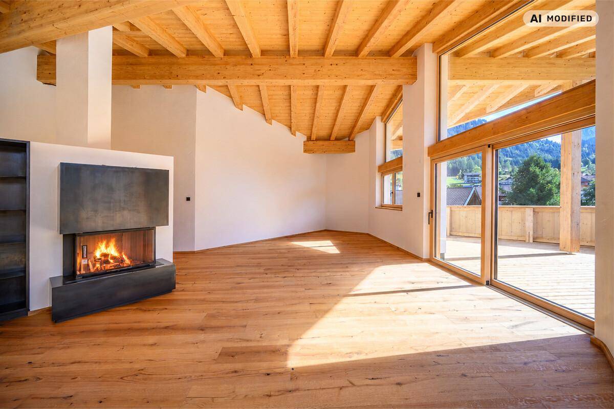 Geräumiger Wohnbereich mit Holzboden, Holzbalkendecke, modernem Kamin und Zugang zu einem Balkon.
