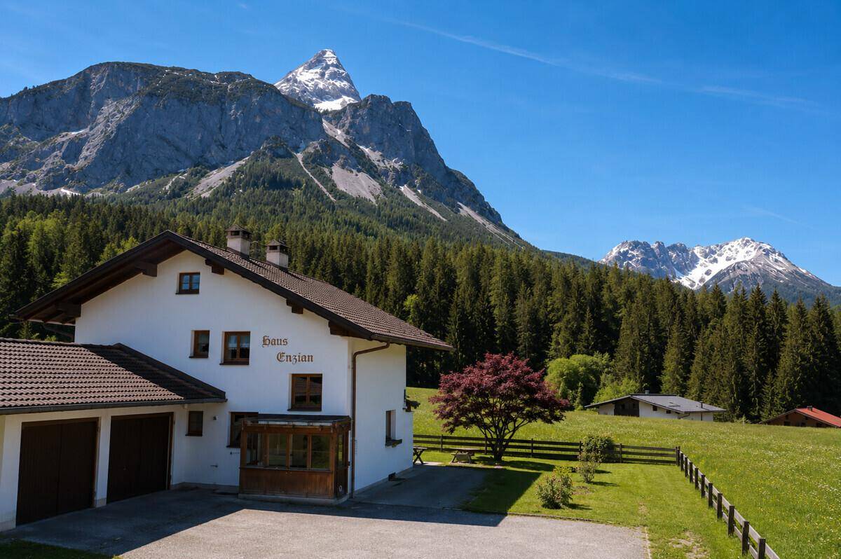 Charmantes Haus "Haus Enzian" mit Bergblick, umgeben von grünen Wiesen und alpiner Natur.